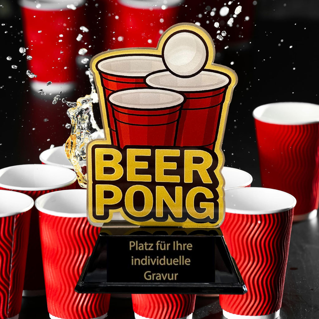 EBERiX POKALE – Beer Pong Acryl Pokal 15 cm hoch – Trophäe mit Gravurschild – Award für Partyspiele & Fun Events – personalisierbar
