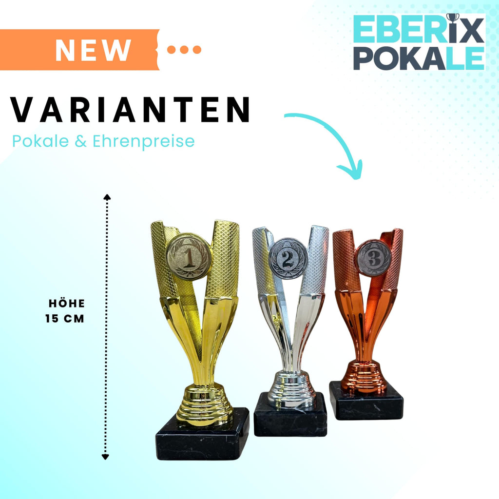 EBERiX POKALE – Pokal 15 cm mit Gravur auf Marmorsockel – wählbar in Gold Silber Bronze – personalisierte Kunststoff Trophäe – Award für Turniere & Events – einzeln oder als 3er-Set