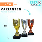 EBERiX POKALE – Pokal 15 cm mit Gravur auf Marmorsockel – wählbar in Gold Silber Bronze – personalisierte Kunststoff Trophäe – Award für Turniere & Events – einzeln oder als 3er-Set