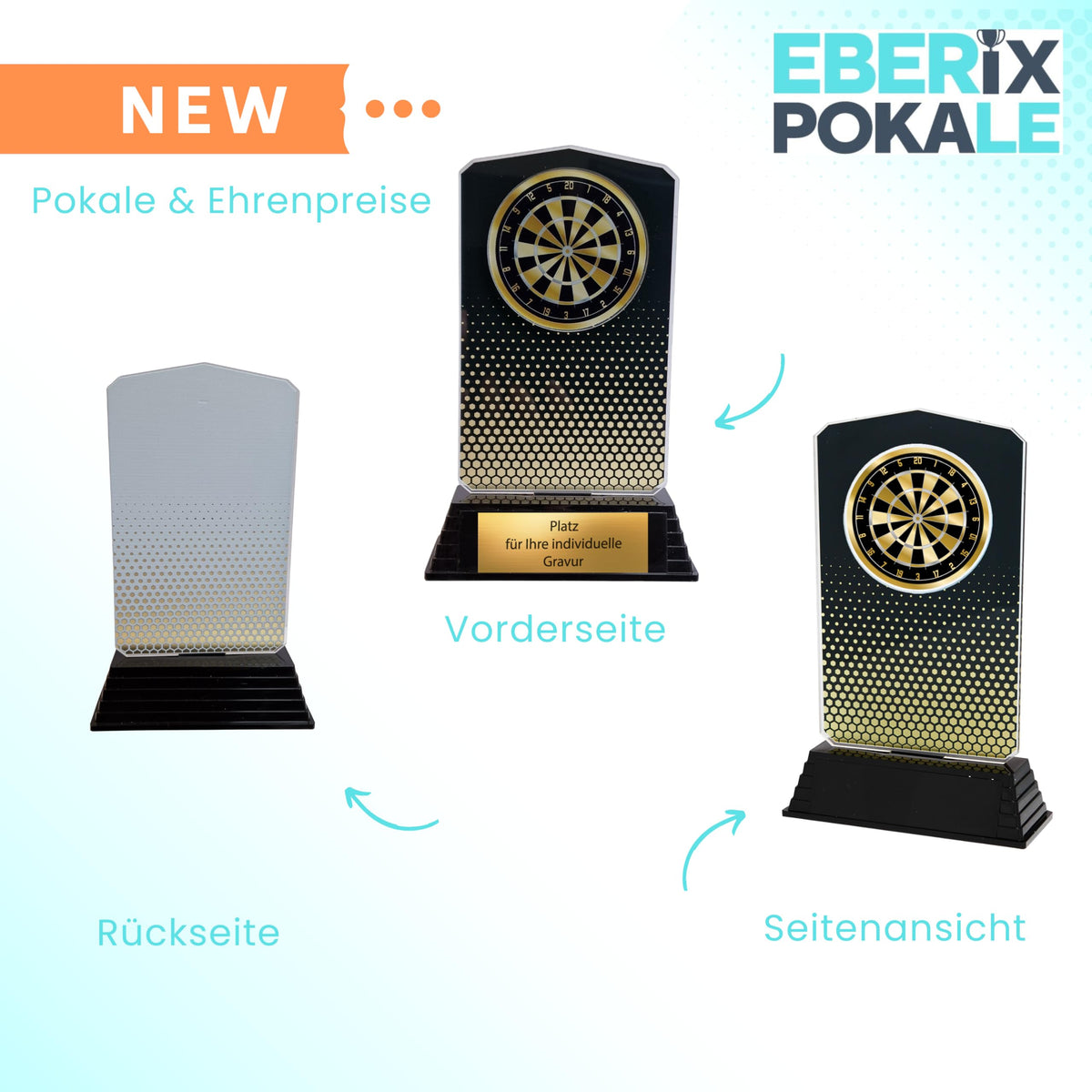Dart Pokal 18,5 cm mit Gravurschild - Acryl Trophaee fuer Dartturniere