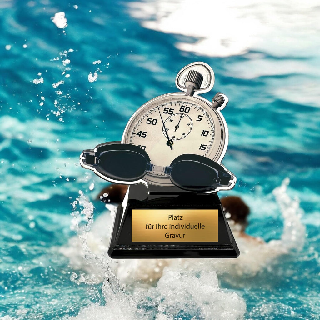 Schwimmer Pokal 9,5 cm - Acryl Trophäe mit Stoppuhr & Gravurschild