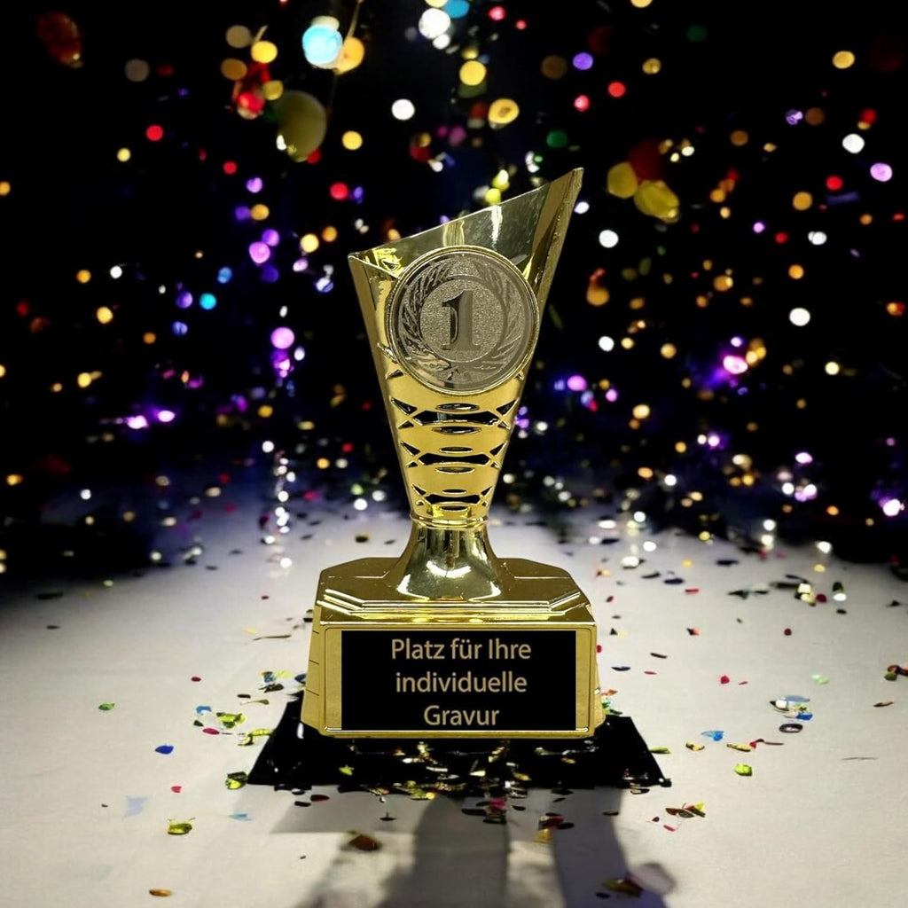 EBERiX – 3er Pokal-Set Platz 1, 2, 3 – Mini-Trophaeen aus Kunststoff mit Gravur – Gold, Silber & Bronze – ca. 11 cm hoch – geeignet fuer Turniere, Kinderfeste, Spieleabende & als Geschenkpokal