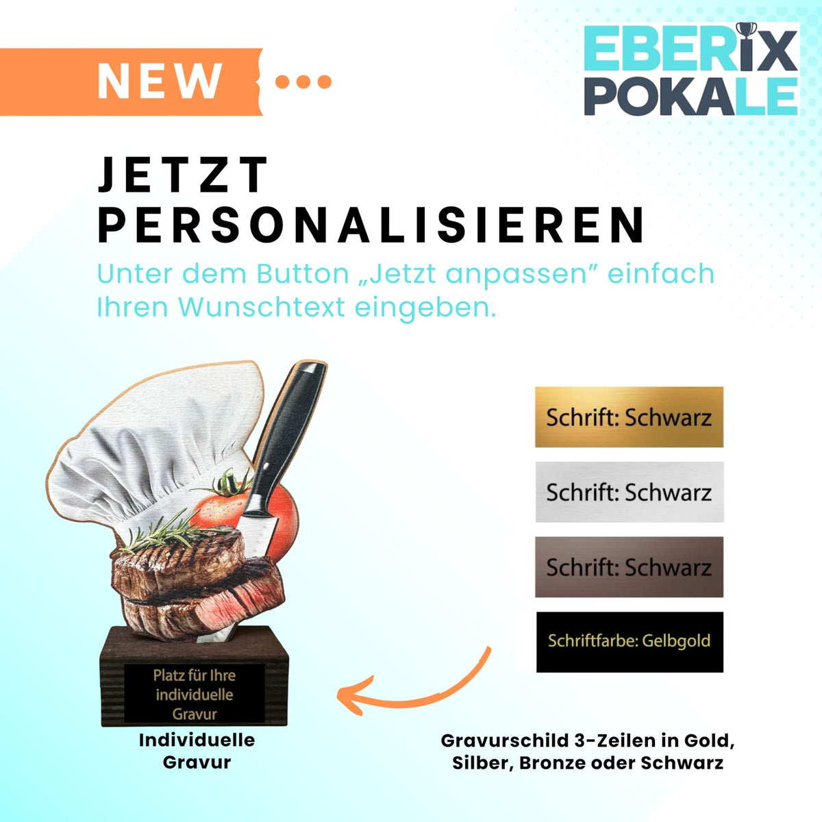 Küchen Pokal 13,5 cm - Kochmütze Steak Messer Motiv - Holz Trophäe