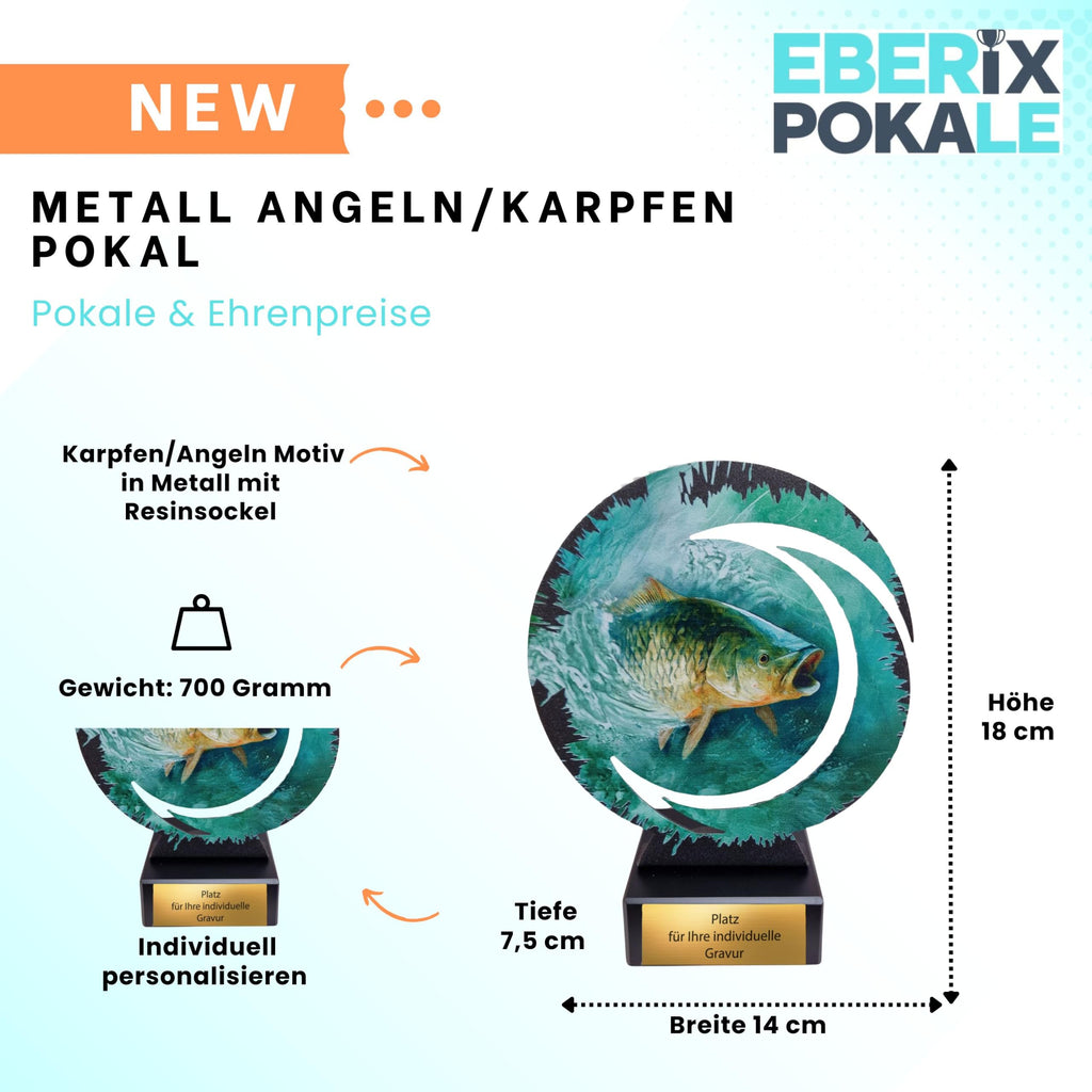Karpfen Pokal 18 cm aus Metall - Schwere Angel Trophäe mit Gravurschild