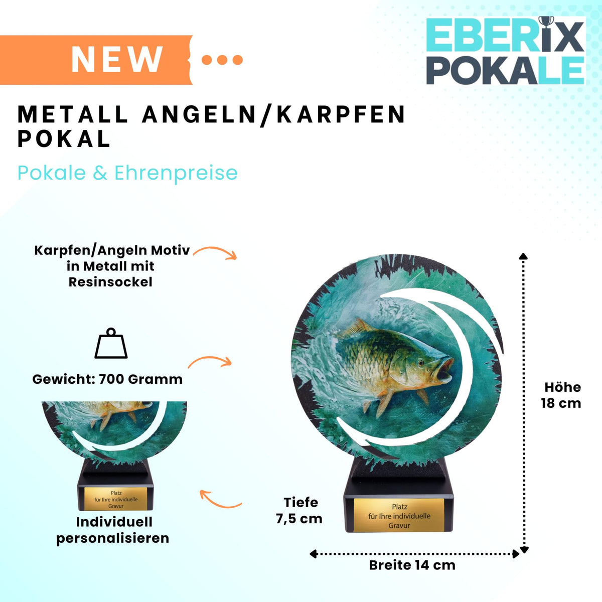Karpfen Pokal 18 cm aus Metall - Schwere Angel Trophäe mit Gravurschild