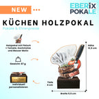 Küchen Pokal 13,5 cm - Kochmütze Steak Messer Motiv - Holz Trophäe