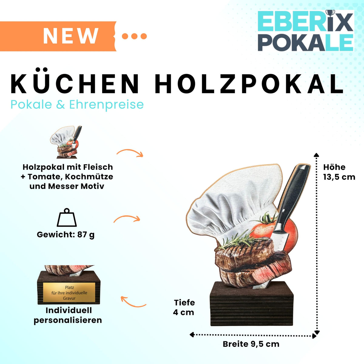 Küchen Pokal 13,5 cm - Kochmütze Steak Messer Motiv - Holz Trophäe