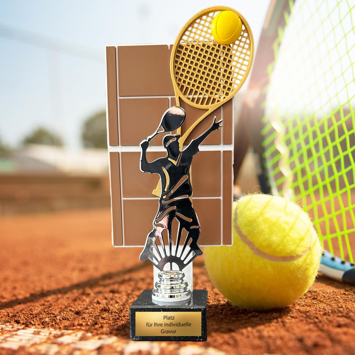 Tennispokal 28,5 cm Metallfigur mit Wunschgravur & 3D-Hintergrund