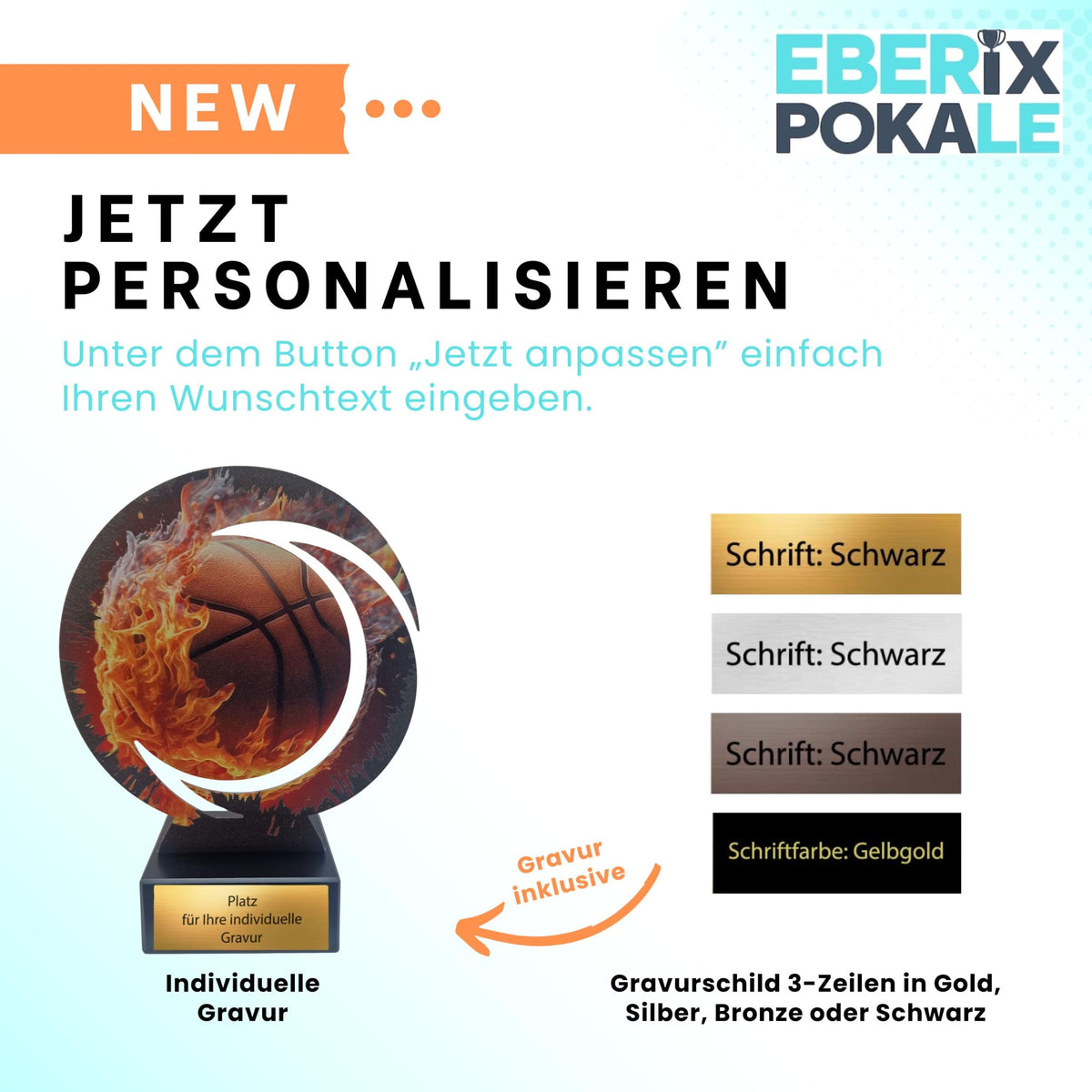 EBERiX POKALE – Basketball Award aus Metall 18 cm hoch – Basketball Motiv Trophäe mit Gravurschild – kein Plastik – Pokal für Turniere Wettkämpfe Siegerehrung Sportevents