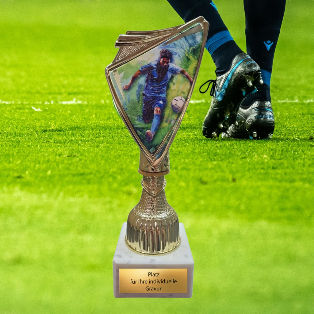 18,5 cm Fußball Pokal mit Wunschgravur - Spieler Trophäe Gold/Weiß Marmor