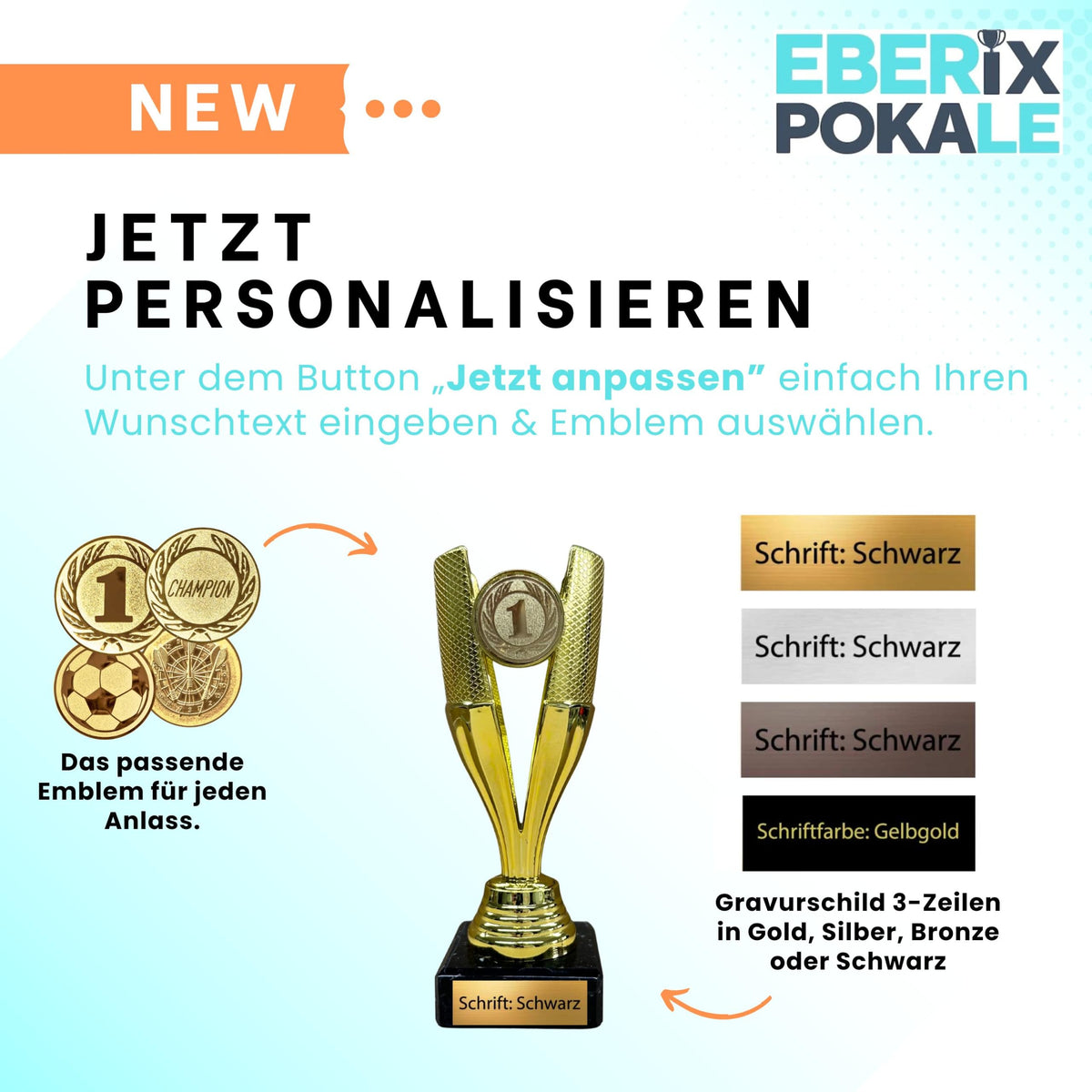 EBERiX POKALE – Pokal 15 cm mit Gravur auf Marmorsockel – wählbar in Gold Silber Bronze – personalisierte Kunststoff Trophäe – Award für Turniere & Events – einzeln oder als 3er-Set