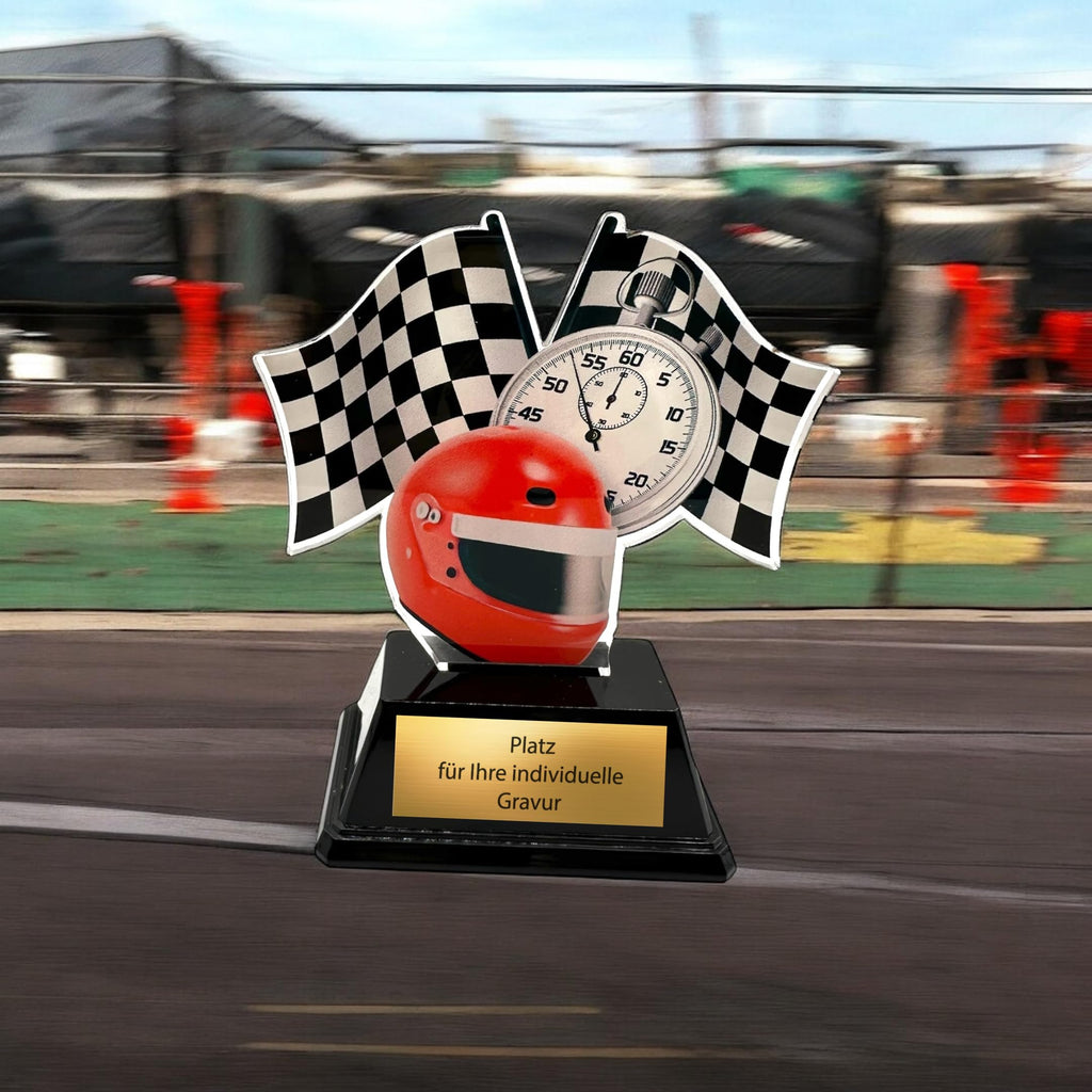 XS Motorsport Pokal 10 cm - Acryl Trophäe mit Gravurschild für Kart Rennen